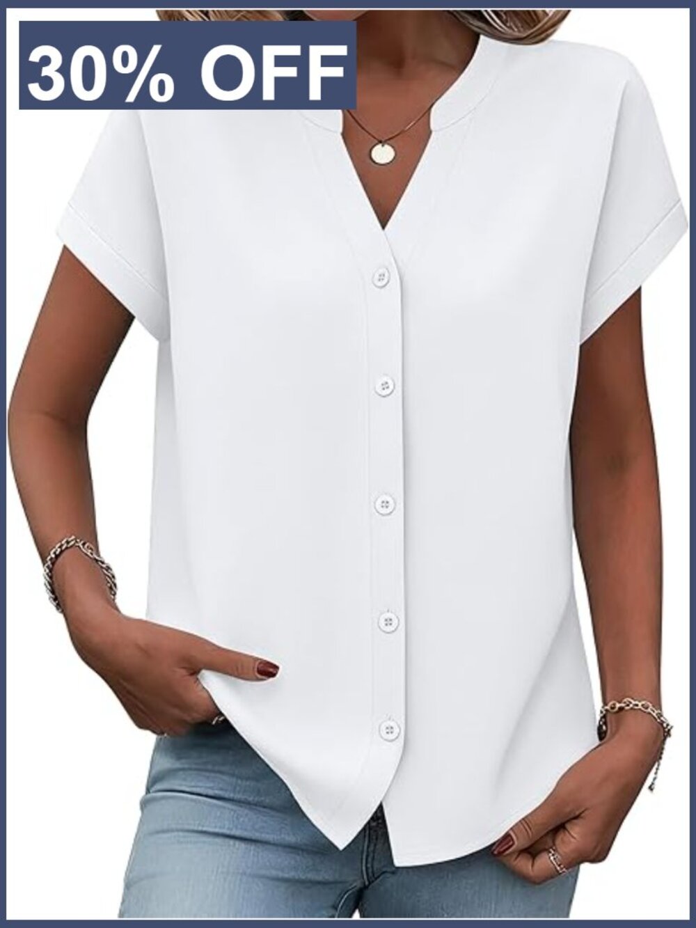 Women's Short Sleeve Button Down Shirt V-Neck Blouse Business Casual Top